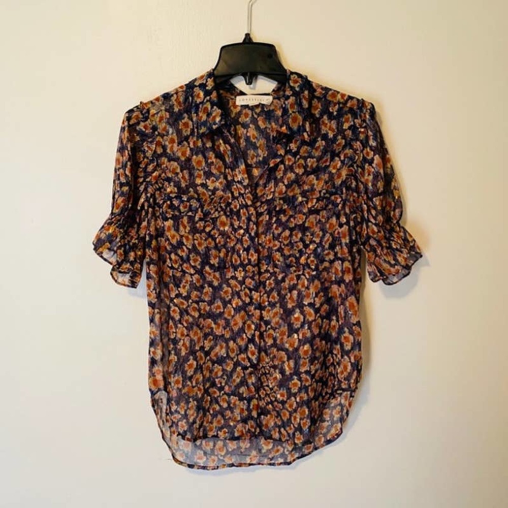 Lovestitch Floral Button Down ruffle puff sleeve blouse Size Medium
